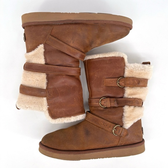 UGG | Becket Leather & Shearling Mid Calf Buckled Boots in Chestnut | Sz 9 - Picture 9 of 14